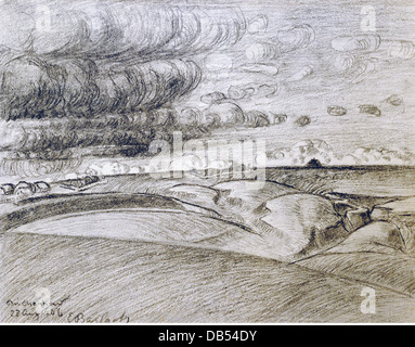 Belle arti, Barlach, Ernst (1870 - 1938), grafico, 'Wolken ueber der steppa' (nuvole sopra la steppa), disegno a carboncino, 27,4 cm Foto Stock