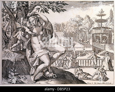 Astrologia, pianeti, Venere in teneramente embracement con Cupido, incisione su rame di Gerhard de Jode, Paesi Bassi, metà del XVII secolo, la storica, storica collezione privata, allegoria, Cupido Cupido la prua, putto, cherubino, park, parchi, parchi, coppie in amore, amanti, musicista, musicisti, persone, artista del diritto d'autore non deve essere cancellata Foto Stock