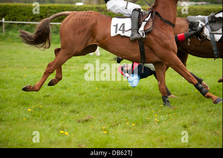 Cavaliere trascinato da cavallo Foto Stock