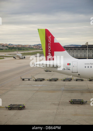 Coda di un TAP Portugal Airbus in aereo l'aeroporto di Lisbona, Portogallo Foto Stock