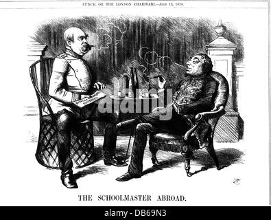 Politica, conferenze, Congresso di Berlino 13.6. - 13.7.1878, il primo ministro britannico Benjamin Disraeli e il cancelliere tedesco otto von Bismarck, 'The Schoolmaster Abroad', incisione del legno, 'Punch', Londra, 13.6.1878, diritti aggiuntivi-clearences-non disponibili Foto Stock