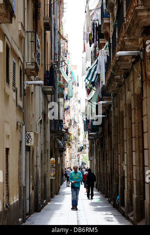 Le strette vie del quartiere del Raval distretto della Cuitat Vella Barcellona Catalonia Spagna Foto Stock