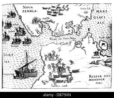 Mare di Barents, Willem, circa 1550 - 20.6.1597, navigatore olandese, secondo la spedizione artica 1595, navi di fronte Kara stretto, incisione su rame, " i tre viaggi di Willem Barents nelle regioni artiche 1594, 1595 e 1596', da Gerrit de Veer, 1598, artista del diritto d'autore non deve essere cancellata Foto Stock