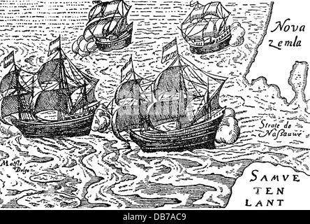 Mare di Barents, Willem, circa 1550 - 20.6.1597, navigatore olandese, secondo la spedizione artica 1595, navi di fronte Kara stretto, incisione su rame, " i tre viaggi di Willem Barents nelle regioni artiche 1594, 1595 e 1596', da Gerrit de Veer, 1598, artista del diritto d'autore non deve essere cancellata Foto Stock