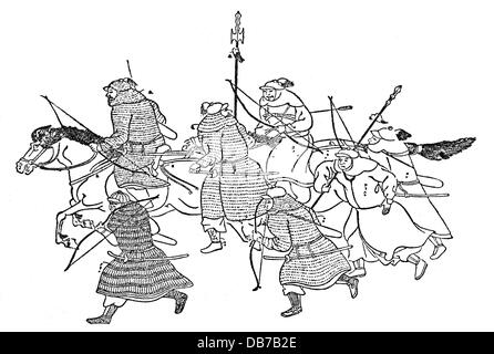 Invasioni Mongol in Giappone 1274 - 1281, attaccando guerrieri mongoli, disegnando, dopo 'Moko Shurai Ekotoba', tra il 1275 e il 1293, Additional-Rights-Clearences-non disponibile Foto Stock