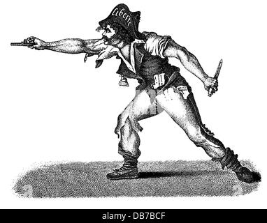 Rivoluzione francese 1789 - 1799, Giacobini, caricatura, 'Le patriote exclusif', contemporanea incisione su rame, artista del diritto d'autore non deve essere cancellata Foto Stock