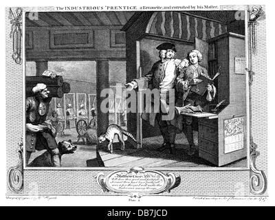 Industria, tessili, proprietario e assistente di una filatura presso l'ufficio, dalla serie 'industria e ozio', da William Hogarth (1697 - 1764), il foglio 4, incisione su rame, 1747, artista del diritto d'autore non deve essere cancellata Foto Stock