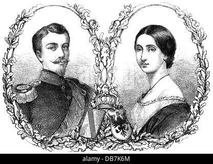 Frederick i, 9.9.1826 - 28.9.1907, Granduca di Baden 5.9.1856 - 28.9.1907, ritratto, con moglie Grand Duchess Louise, incisione in legno, 1856, Foto Stock