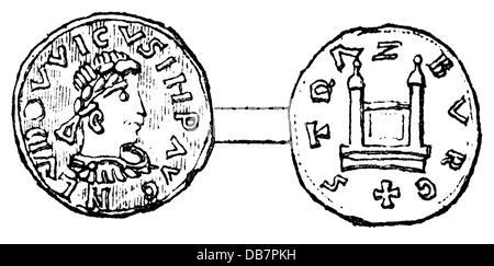 Soldi / finanze, monete, Impero franco, moneta, dall'imperatore Luigi il Pio, Strasburgo, IX secolo, incisione in legno, dopo Cappe, XIX secolo, IX secolo, Medioevo, medievale, numismatica, dinastia carolingia, carolingia, carolingia, Luigi il Pio, ritratto, profilo, faccia laterale, profili, imperatore romano, iscrizione, iscrizioni, portali, monete, chiesa, matasse, portali, chiesa, imperatore, imperatori, storico, storico, maschile, uomo, mondo antico, persone, uomini, diritti aggiuntivi-clearences-non disponibile Foto Stock