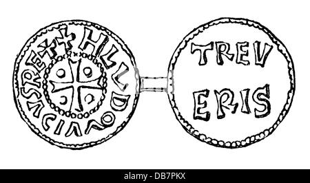 Soldi / finanze, monete, Impero franco, moneta, da re Luigi il tedesco, Mainz, IX secolo, incisione in legno, dopo Cappe, 19 ° secolo, IX secolo, Medioevo, medievale, numismatica, dinastia carolingia, Carolingia, Carolingia, Luigi il tedesco, iscrizione, epigrafi, iscrizioni, croce, croci, moneta, monete, radura storica, altri diritti Foto Stock