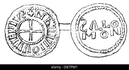 Soldi / finanze, monete, Impero franco, moneta, da re Luigi IV il Bambino, X secolo, incisione in legno, dopo Cappe, 19 ° secolo, 10 ° secolo, Medioevo, medievale, numismatica, dinastia carolingia, Carolingi, Carolingia, Luigi IV, Luigi il Bambino, iscrizione, epigrafi, iscrizioni, croce, croci, monete, non-storico-disponibili, diritti aggiuntivi Foto Stock