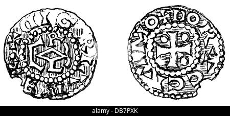 Denaro / finanze, monete, Impero franco, moneta, da imperatore Carlo III, il grasso, IX secolo, incisione in legno, dopo Cappe, 19 ° secolo, IX secolo, Medioevo, medievale, numismatica, dinastia carolingia, carolingia, carolingia, Carlo III, Carlo il grasso, iscrizione, epigrafi, iscrizioni, monogramma, monogramma, gramori, imperatore, monete, monete storiche, monete, Storico, diritti-aggiuntivi-clearences-non disponibile Foto Stock