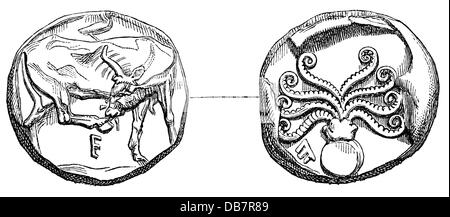 Soldi / finanze, monete, mondo antico, Grecia, didrachma, Eretria, 480 - 450 AC, incisione in legno, da: 'Le Magasin Pittoresque', Parigi, 1865, diritti-aggiuntivi-clearences-non disponibile Foto Stock