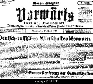 Politica, conferenza, Conferenza di Genova 10.4.- 19.5.1922, Trattato di Rapallo, Catch line del giornale del partito socialdemocratico 'Vorwärts', Berlino, 18.4.1922, diritti aggiuntivi-clearences-non disponibili Foto Stock