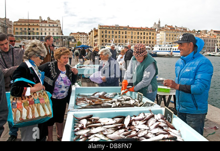 Quai des Belges Marsiglia pesce vecchio pescivendolo vieux port market Francia Foto Stock