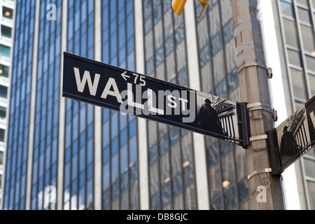 Un cartello stradale di Wall Street nel Quartiere Finanziario di New York City Foto Stock