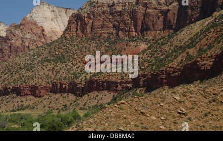 Blue sky view ghiaione piste, strati di roccia, pietra arenaria, scogliere calcaree sopra la valle verde, centro visitatori, Canyon Zion, Utah Foto Stock