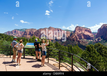 I turisti in una si affacciano in Kolob Canyon sezione del Parco Nazionale di Zion, Utah, Stati Uniti d'America Foto Stock