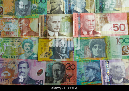 La valuta estera - australiani, canadesi, statunitensi e dollari neozelandesi Foto Stock