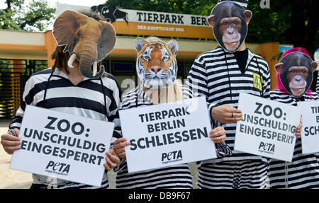 Berlino, Germania. 26 Luglio, 2013. Gli attivisti animale dell'organizzazione Peta esigere la chiusura di zoo Friedrichsfelde a Berlino, Germania, 26 luglio 2013. I diritti degli animali organizzazione Peta ha accresciuto la consapevolezza per il modo improprio gli animali sono tenuti presso lo zoo. Foto: OLE SPATA/dpa/Alamy Live News Foto Stock