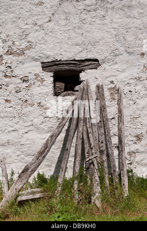 Una pila di legno appoggiata contro un vecchio fienile. Foto Stock