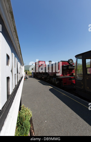 Welsh Highland Railway, Galles. Vista pittoresca di una locomotiva a vapore a Rhyd Ddu stazione ferroviaria. Foto Stock