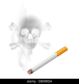 Scull umana appare nel fumo di sigaretta su bianco Foto Stock