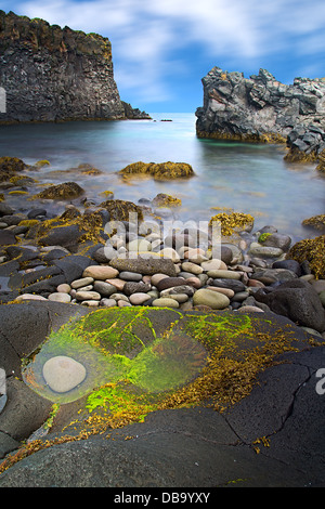 Islanda costa rocciosa del paesaggio con i massi di alghe verdi rocce e navigare a lungo immagine esposizione rendendo il mare liscio lattiginosa Foto Stock