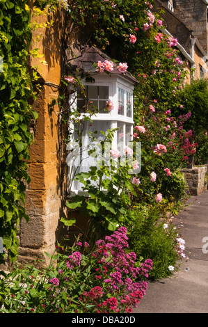 Colorato di rose e fiori estivi crescere intorno a un cottage in pietra nel villaggio di Blockley, Gloucestershire, Inghilterra Foto Stock