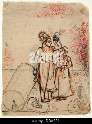 Il principe e la principessa in veste di Krishna e Radha bere sulla terrazza M.79.191.2 Foto Stock