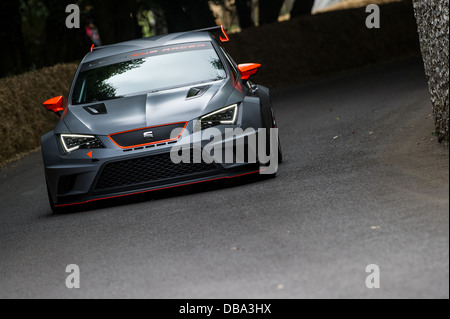 Chichester, Regno Unito - Luglio 2013: Seat Leon Cup Racer passa il muro di pietra focaia in azione al Festival di Goodwood di velocità Foto Stock