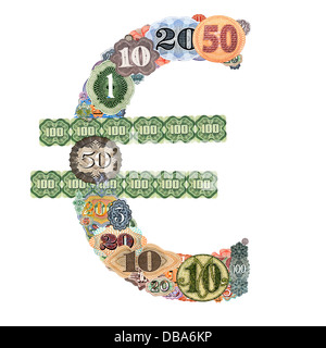 Valuta Euro segno fatto da numeri presi dal mondo di banconote. Foto Stock