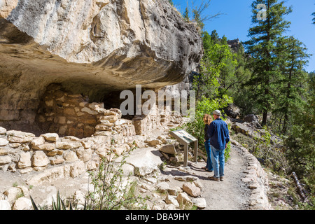 I turisti alla ricerca di alcuni dei Sinagua cliff dwellings a Walnut Canyon National Monument, vicino a Flagstaff, in Arizona, Stati Uniti d'America Foto Stock
