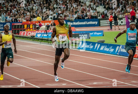 Usain Bolt vince la mens 100m durante la Sainsbury's Anniversario giochi presso la Queen Elizabeth Olympic Park Stadium di Londra del luglio 26th, 2013, REGNO UNITO Foto Stock