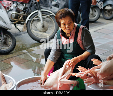 Una donna si prepara anatre sulla strada di Taipei, Taiwan. Foto Stock