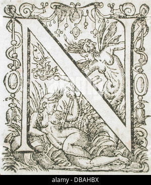 Questo set di lettere ornamentali mette in risalto la maestria decorativa dell'epoca. Ogni lettera, progettata in modo complesso, rappresenta una fusione di stili artistici e funge da unico artefatto culturale della scrittura decorativa. Foto Stock