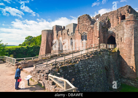 Un visitatore a studiare una scheda di informazioni in ingresso a Goodrich rovine del castello, Herefordshire, England, Regno Unito Foto Stock