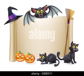 Un Halloween segno di scorrimento con un bat carattere al di sopra del banner e zucche, della strega, gatti hat e manico Foto Stock