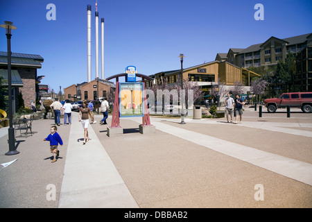 Il Vecchio Mulino District shopping mall caratteristiche nome superiore i dettaglianti e i ristoranti in curva, Oregon Foto Stock