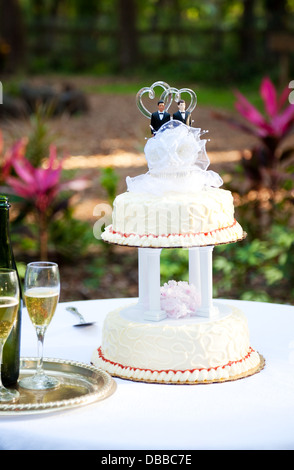 Torta nuziale e champagne impostato su un tavolo in giardino. Due sposi sono sulla parte superiore della torta. Foto Stock