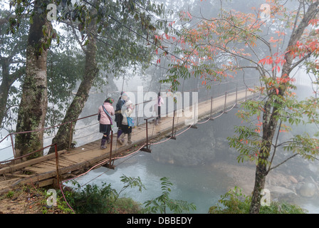 Un gruppo non identificato di donne locali a piedi su un ponte di sospensione su gennaio 18, 2008 nel distretto di Sapa, Vietnam. Foto Stock