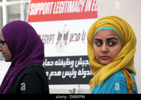 Londra, Regno Unito. 26 Luglio, 2013. Un Anti-Coup manifestanti protesta contro l'Egitto regimi militari dell'ulteriore malcontento tra i sostenitori delle forze armate e Mohamed Morsi la Fratellanza musulmana, al di fuori dell'ambasciata egiziana a Londra. Credito: Vedere Li/Alamy Live News Foto Stock