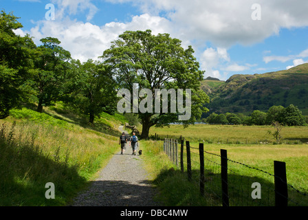 Coppia - e il cane - a piedi lungo un sentiero verso Brotherswater, Parco Nazionale del Distretto dei Laghi, Cumbria, England Regno Unito Foto Stock