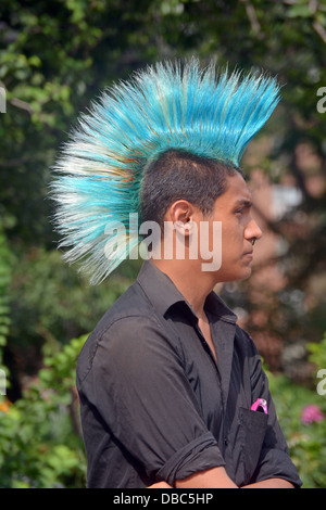 Ritratto di profilo di un giovane con un colorato in blu Mohawk haircut presso la Union Square Park di New York City Foto Stock