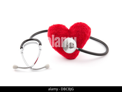 Medical stetoscopio in rosso con cuore di peluche Foto Stock