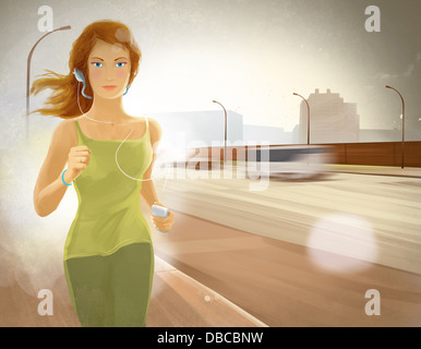 Illustrazione della giovane donna jogging mentre si ascolta la musica dal lettore MP3 sul marciapiede Foto Stock