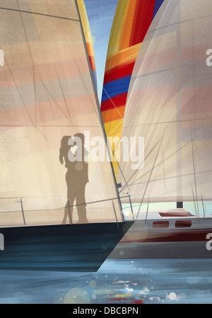 Illustrazione della giovane's shadow kissing su yacht Foto Stock