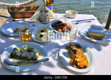 Waterside taverna - cibo greco di foglie di vite in salsa di limone, calamari al piccante salsa di pomodoro, olive e humus Porto di Epidavros,Peloponneso,Grecia Foto Stock