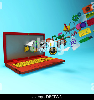 Immagine illustrativa del computer icone rilasciando da schermo di computer portatile che rappresenta la tecnologia 3D Foto Stock