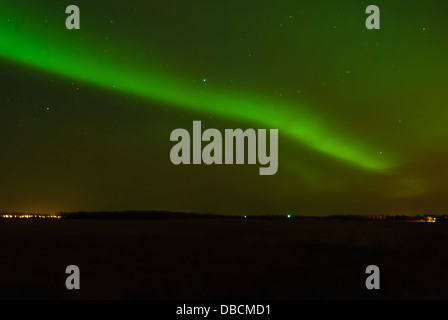 Aurora boreale stretching attraverso il cielo notturno su un campo di fattoria in North Central Alberta Foto Stock